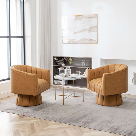 SEYNAR Mid-Century Swivel PU Leather Tufted Round Accent Barrel Chair