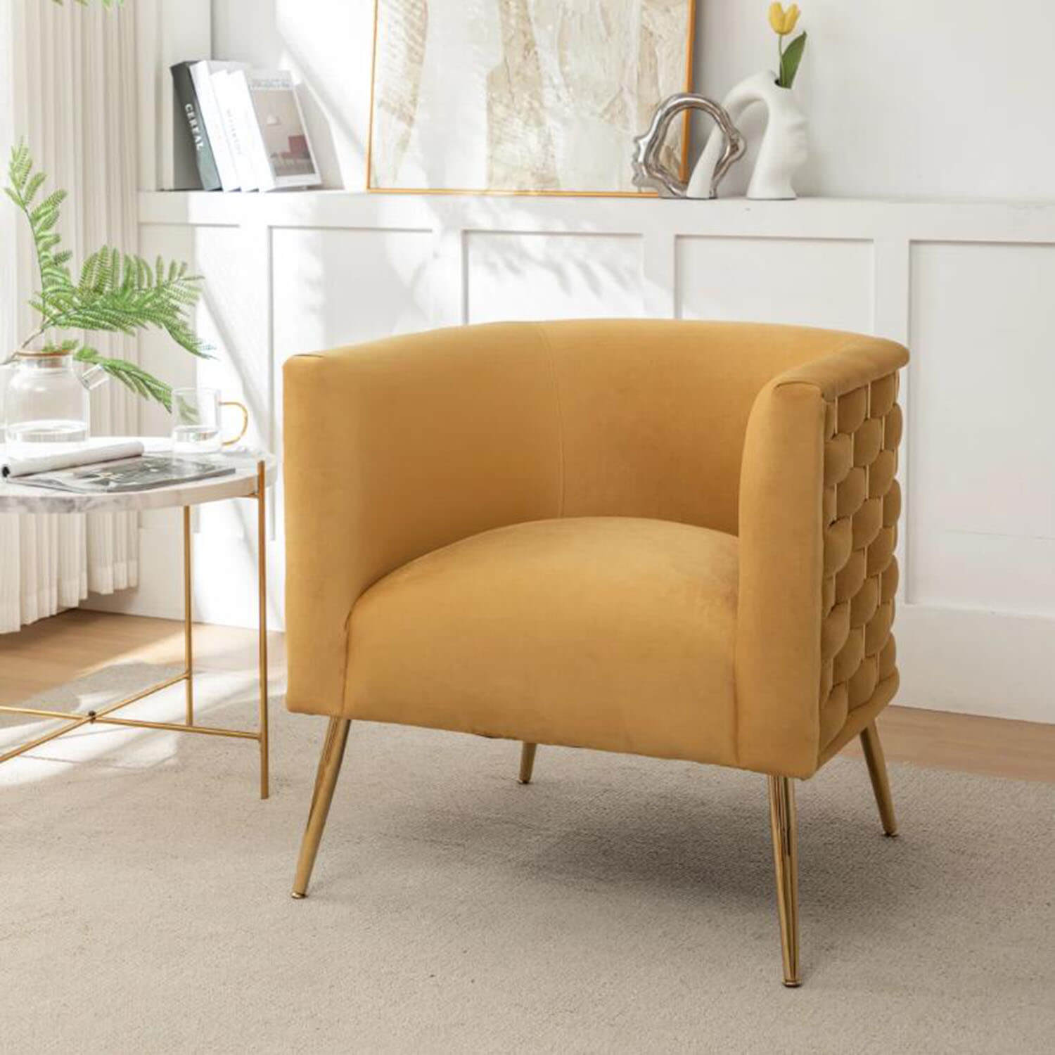 SEYNAR Mid-Century Modern Velvet Barrel Accent Chair, Round Upholstered Living Room Chair with Gold Finish Metal Base(Single/Set of 2)