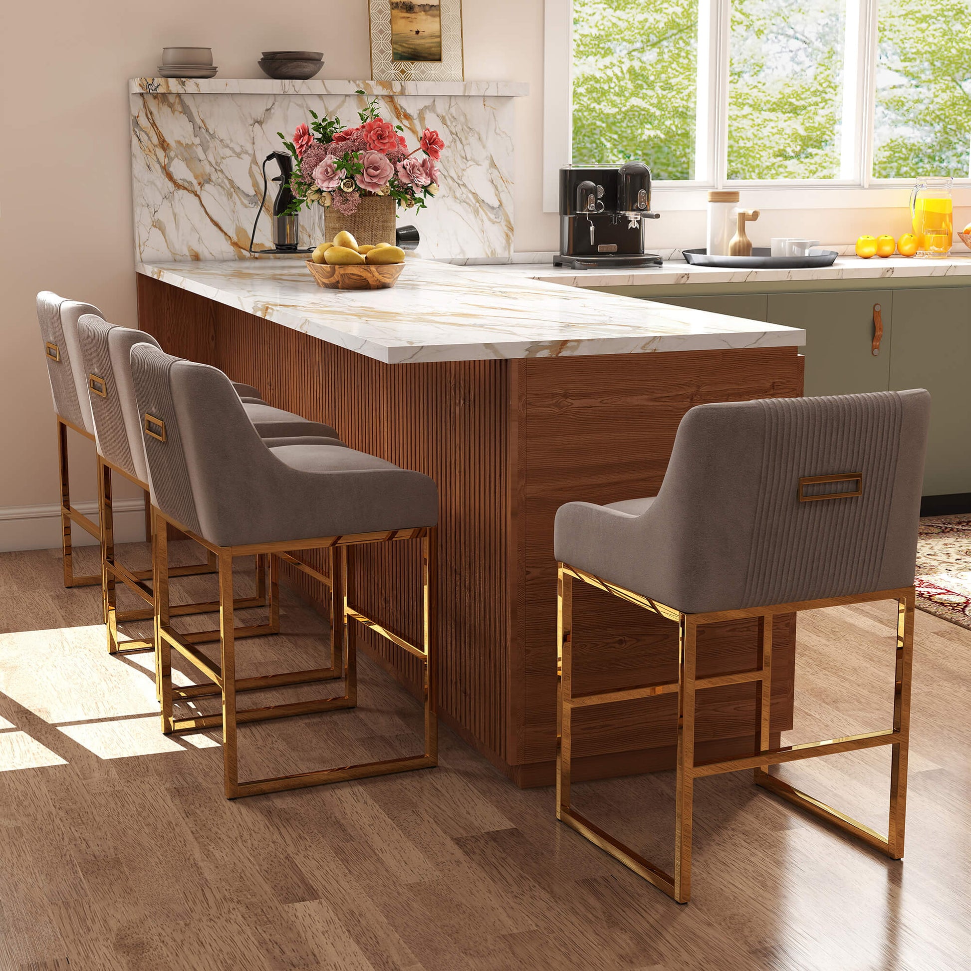 SEYNAR Modern Glam Velvet Golden Matel Frame Counter or High Bar Stools Set of 2/4