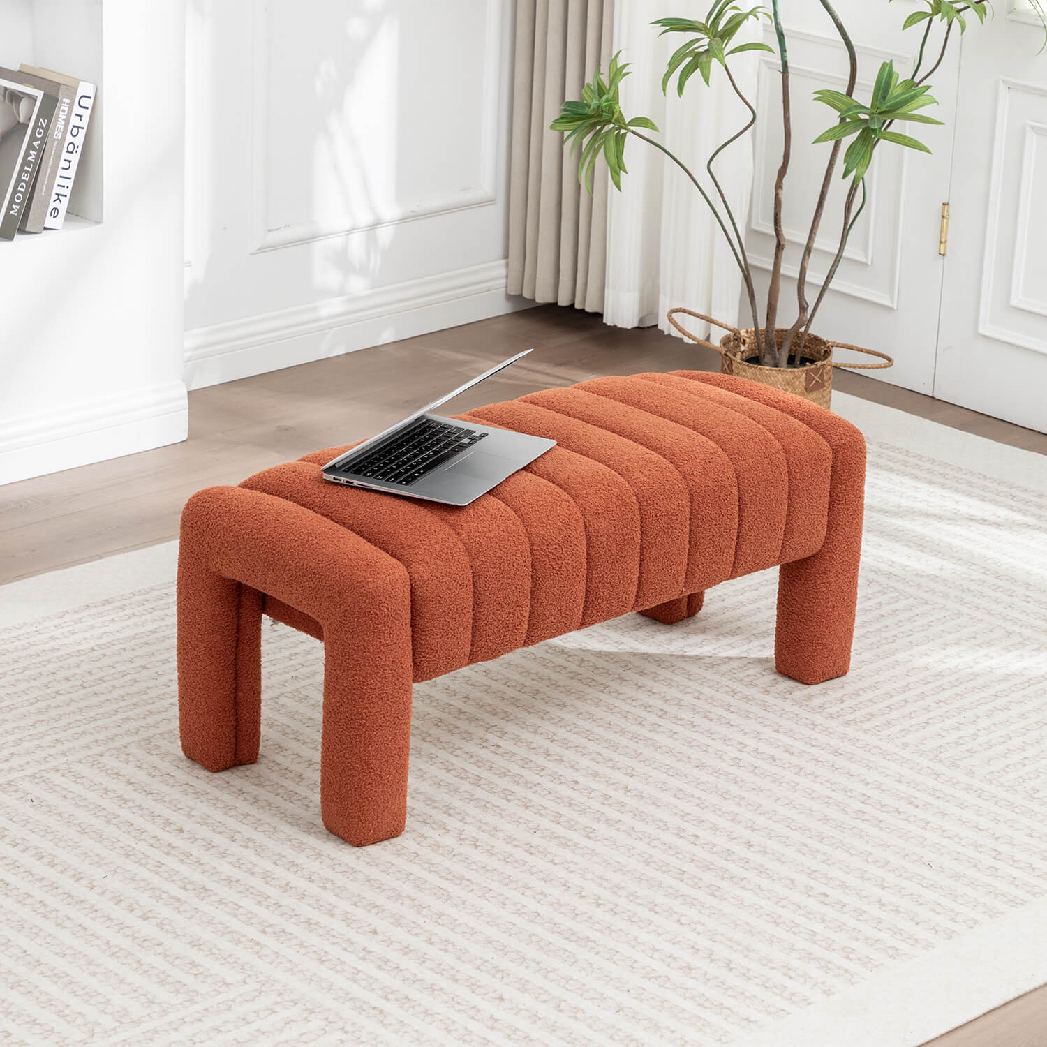 SEYNAR Modern Glam Teddy Velvet Fabric Rectangle Ottoman