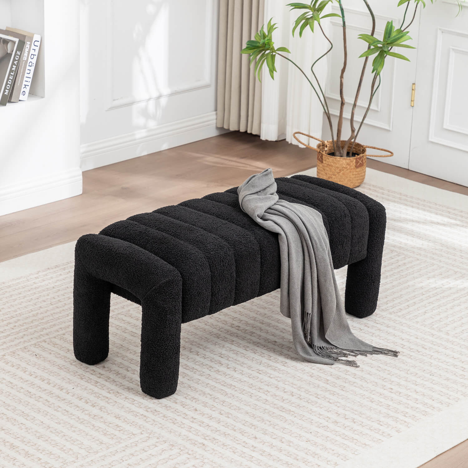 SEYNAR Modern Glam Teddy Velvet Fabric Rectangle Ottoman