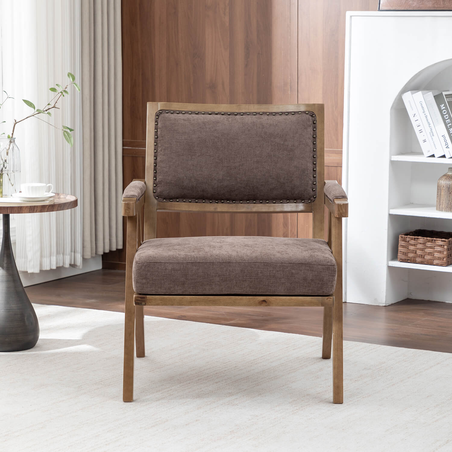 SEYNAR Rustic Mid-Century Chenille Accent Chair with Nailhead Trim and Wood Frame(Single/Set of 2)