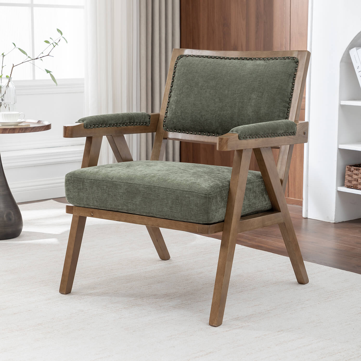 SEYNAR Rustic Mid-Century Chenille Accent Chair with Nailhead Trim and Wood Frame(Single/Set of 2)