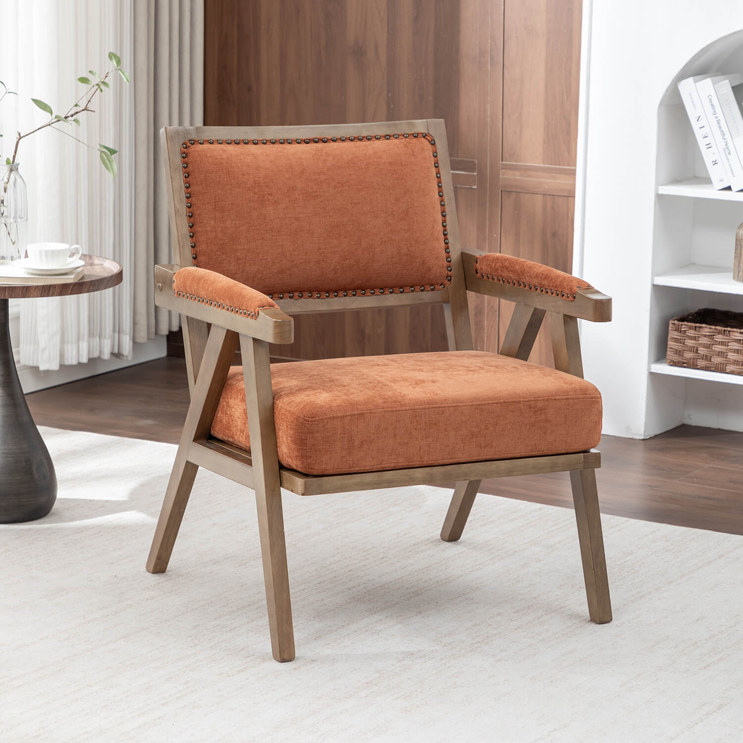 SEYNAR Rustic Mid-Century Chenille Accent Chair with Nailhead Trim and Wood Frame(Single/Set of 2)