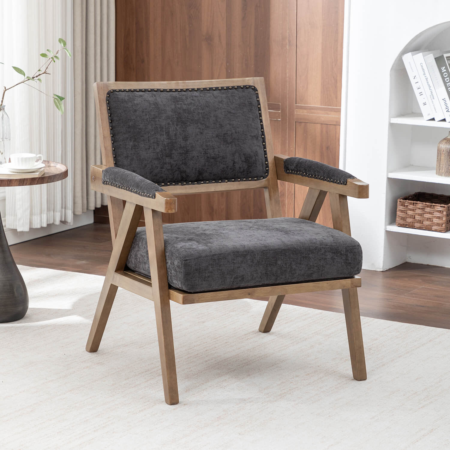 SEYNAR Rustic Mid-Century Chenille Accent Chair with Nailhead Trim and Wood Frame(Single/Set of 2)