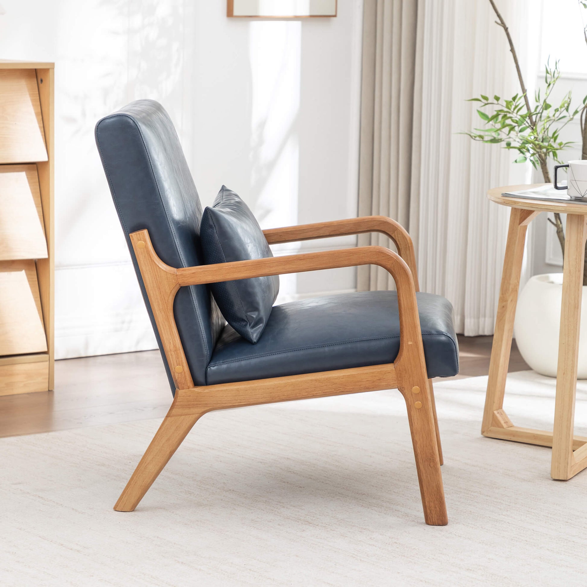 SEYNAR Mid-Century PU Leather Accent Chair with Lumbar Pillow(Single/Set of 2)