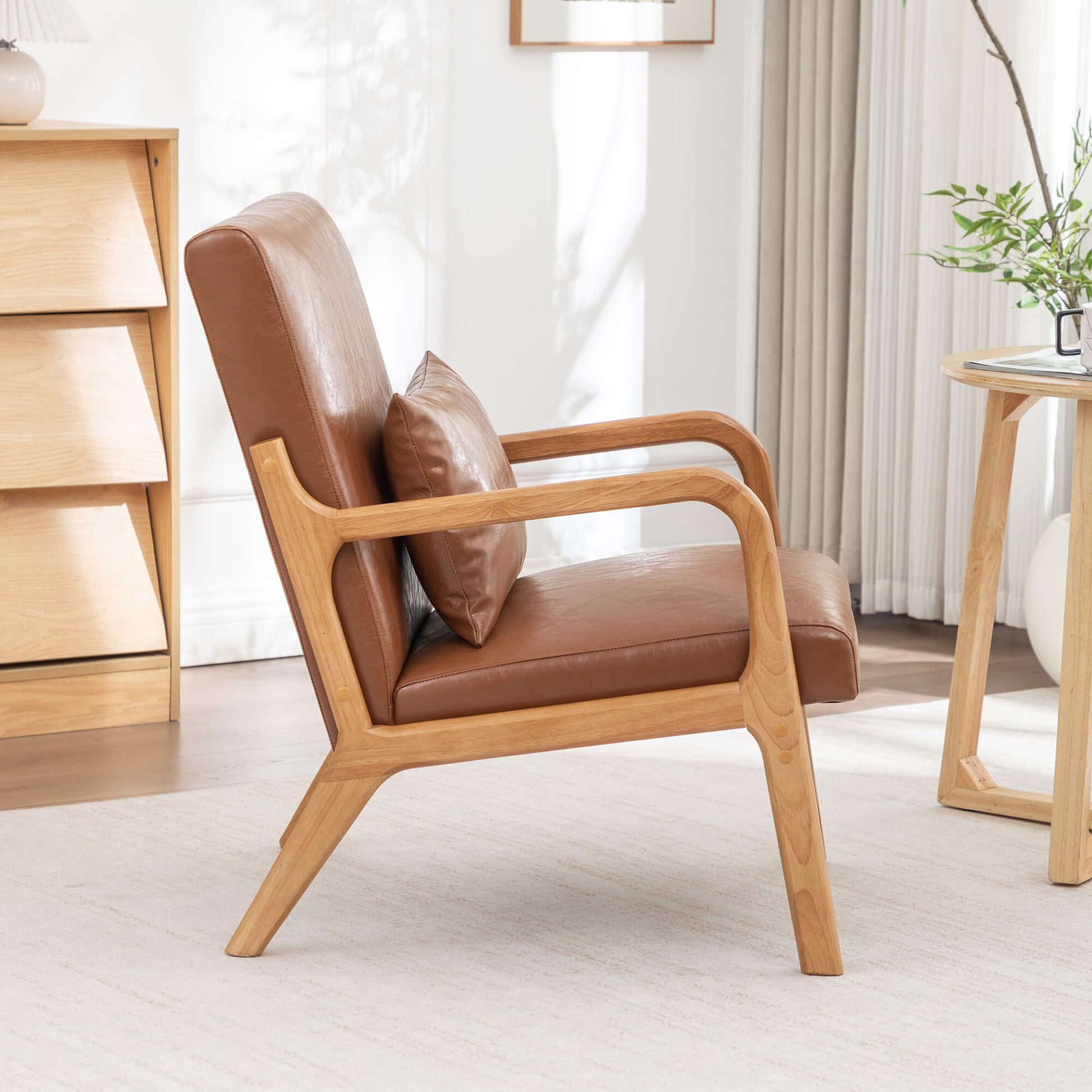 SEYNAR Mid-Century PU Leather Accent Chair with Lumbar Pillow(Single/Set of 2)