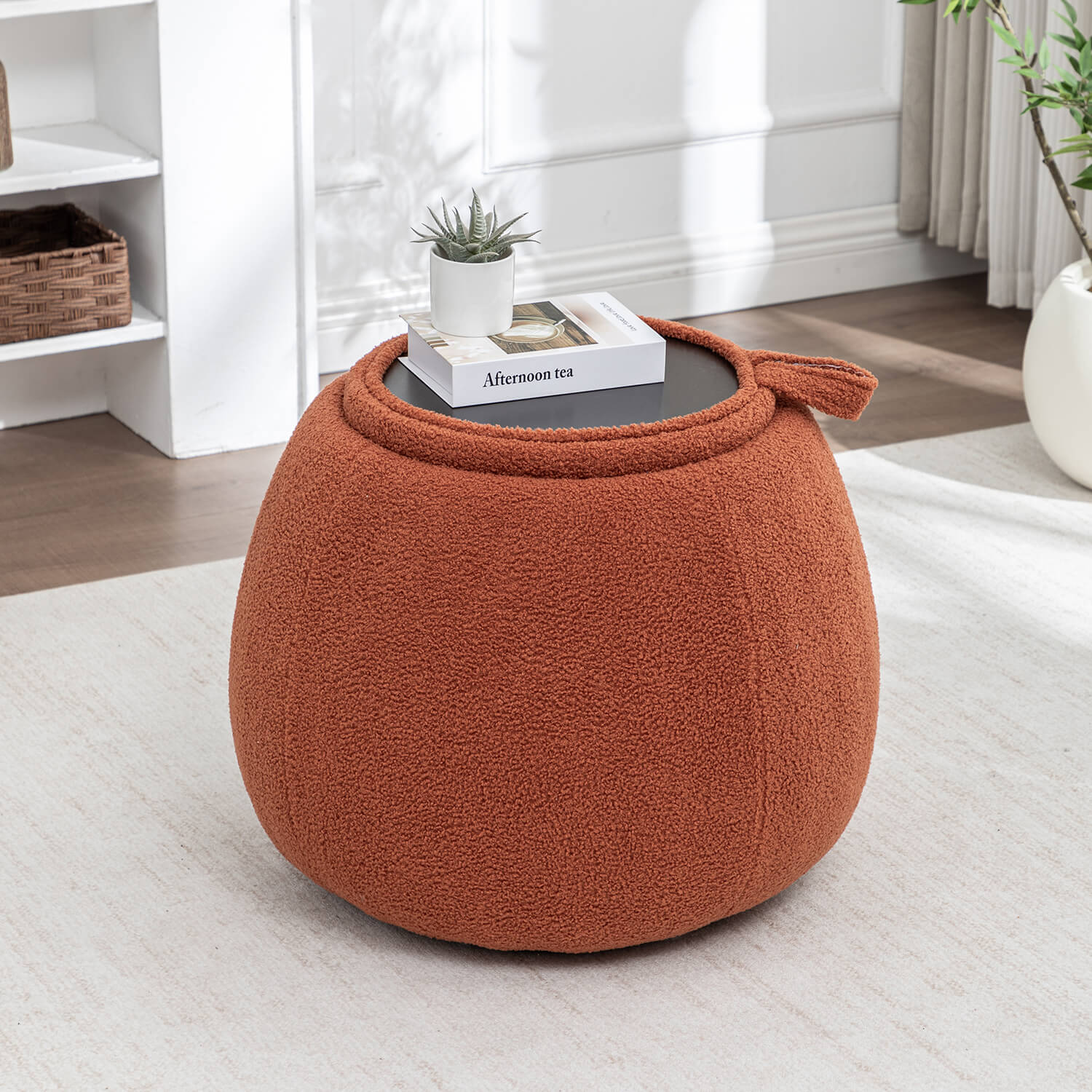 SEYNAR 25" Faux Sherling Round Storage Ottoman - Large Cozy Bouclé Footrest Stool