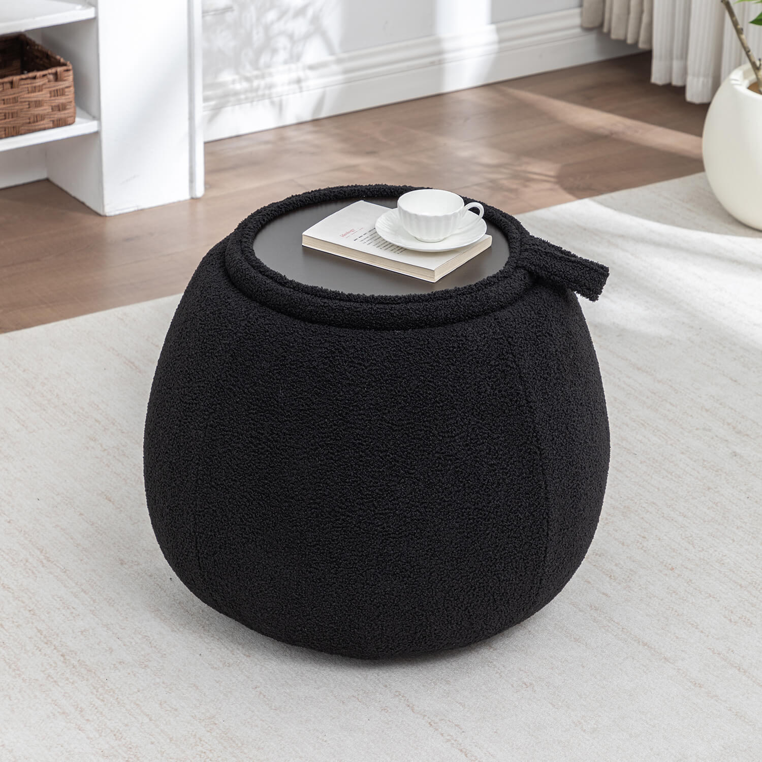 SEYNAR 25" Faux Sherling Round Storage Ottoman - Large Cozy Bouclé Footrest Stool