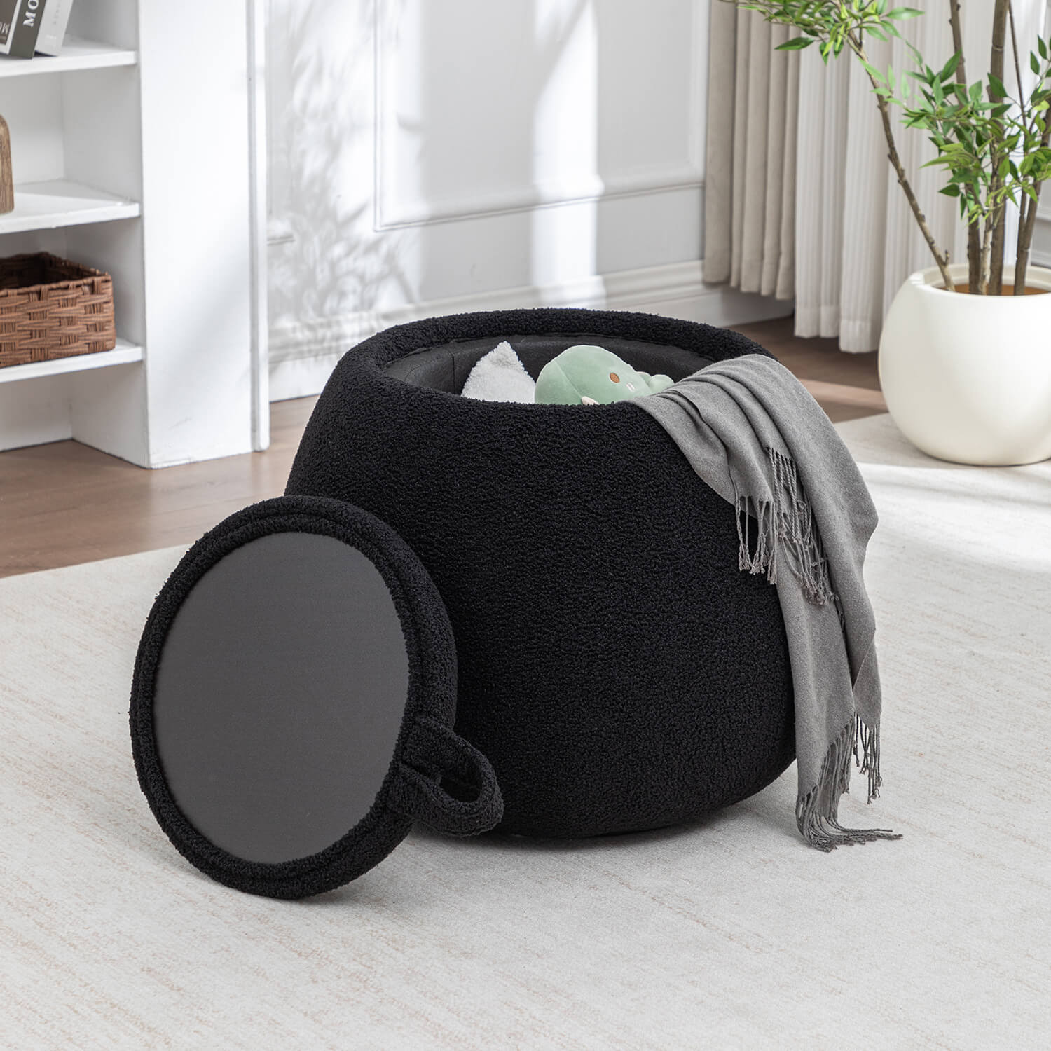 SEYNAR 25" Faux Sherling Round Storage Ottoman - Large Cozy Bouclé Footrest Stool