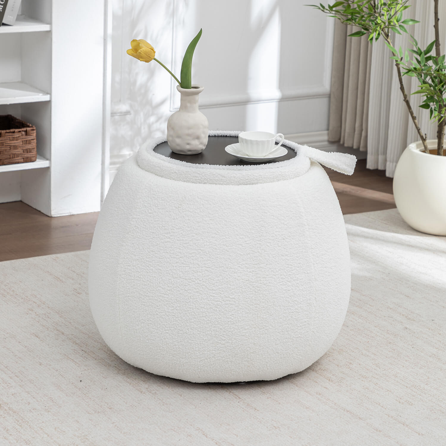 SEYNAR 25" Faux Sherling Round Storage Ottoman - Large Cozy Bouclé Footrest Stool