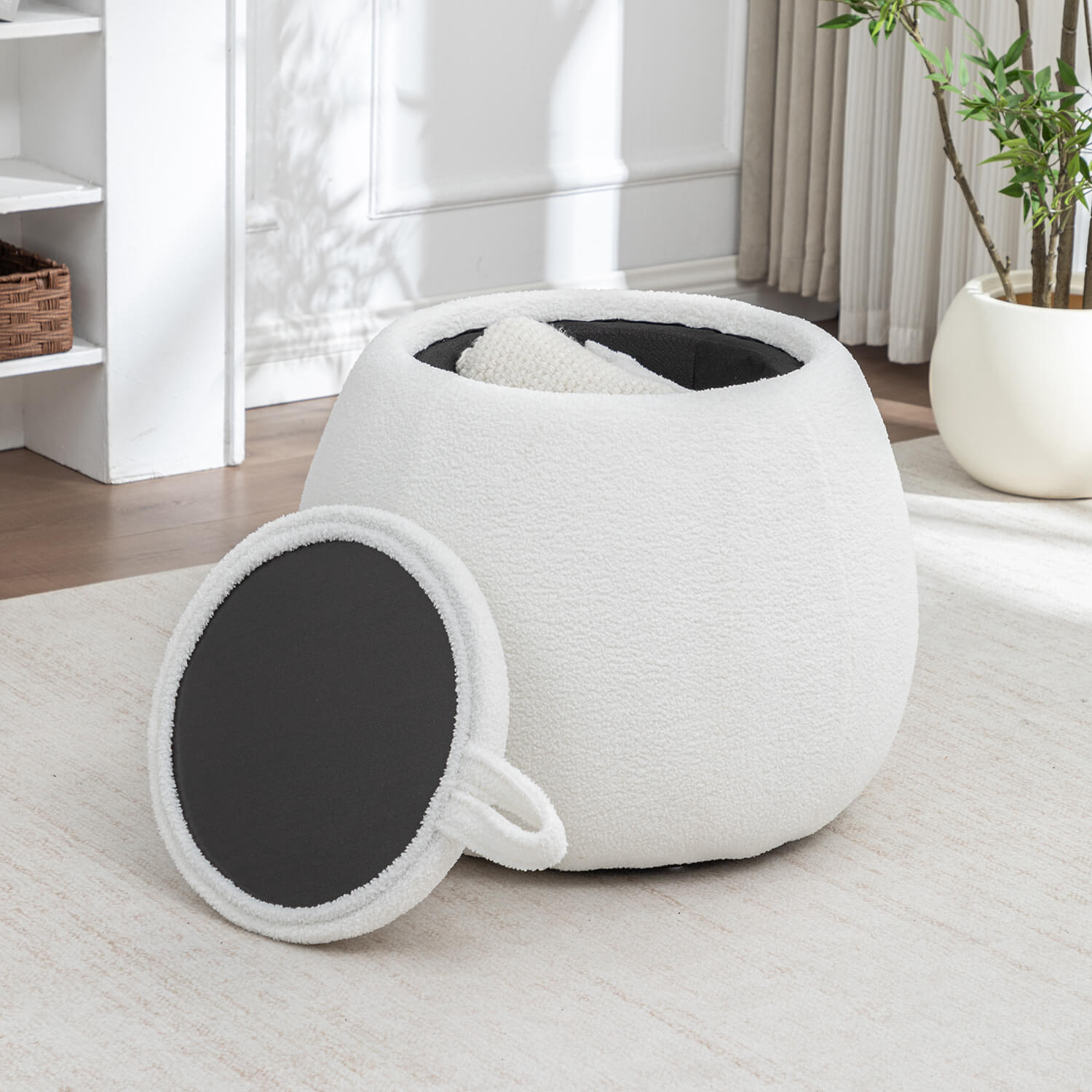 SEYNAR 25" Faux Sherling Round Storage Ottoman - Large Cozy Bouclé Footrest Stool
