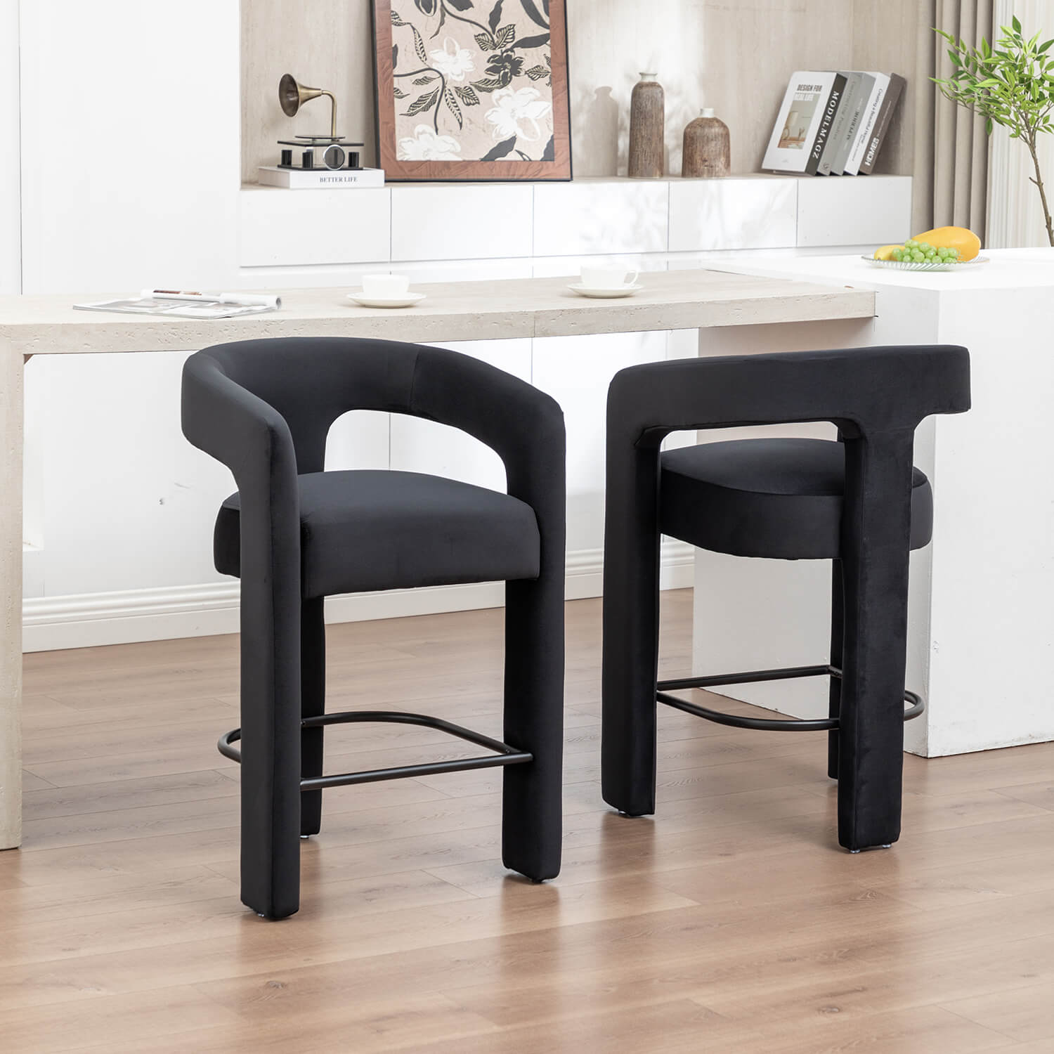 SEYNAR Modern Velvet 34.6''H Fixed Height Open-Back Bar Stool with Metal Footrest(Single/Set of 2)