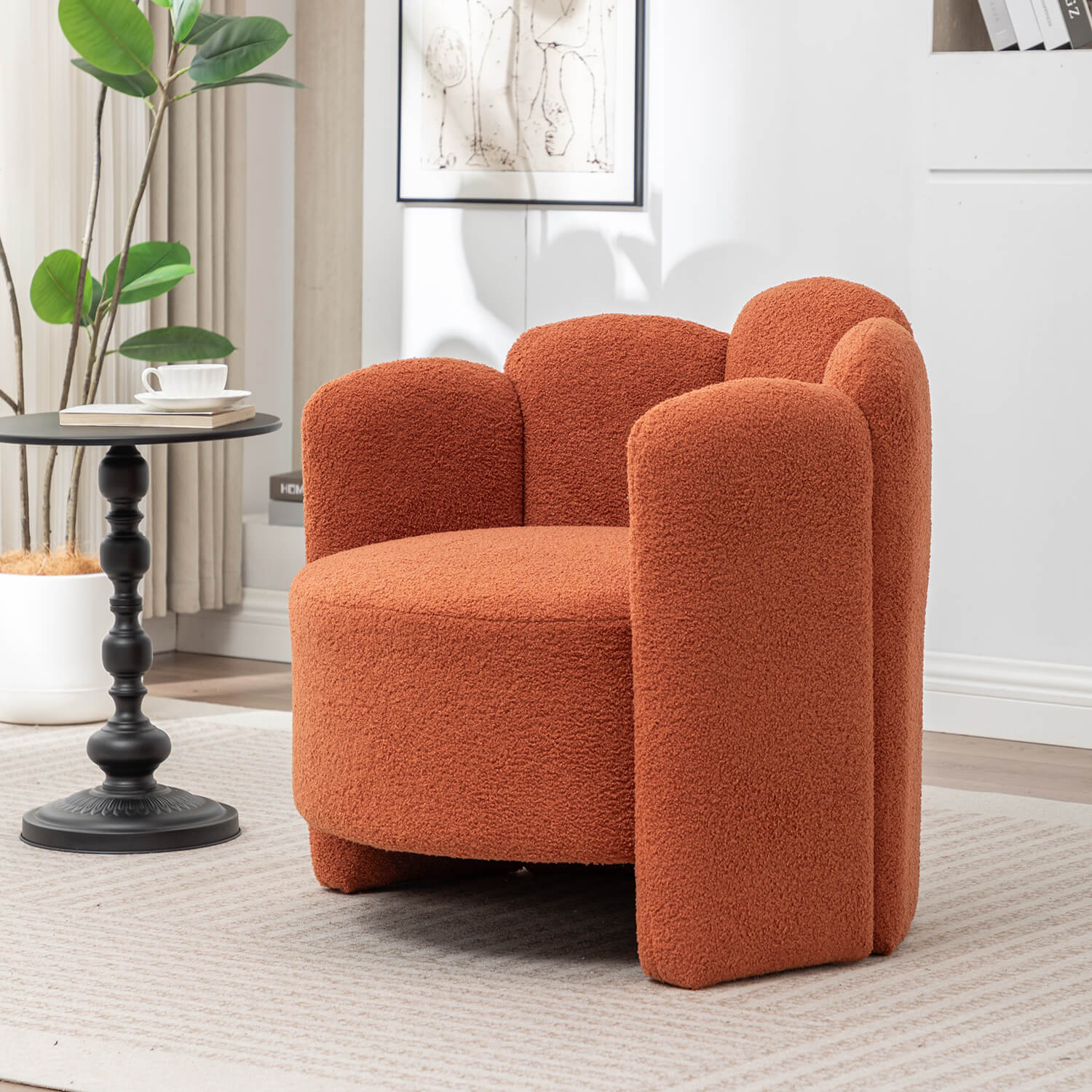 SEYNAR Modern Glam Faux Sherpa Upholstered Round Accent Chair with Flower Shaped Back Design(Single/Set of 2)