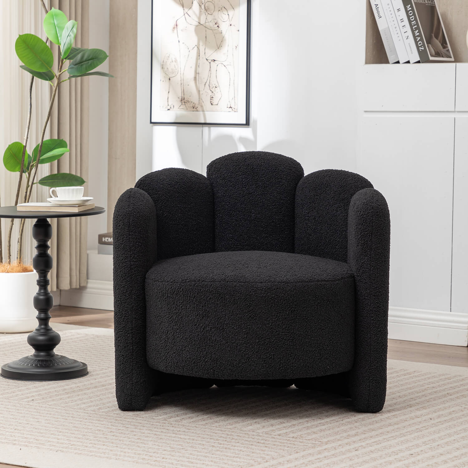 SEYNAR Modern Glam Faux Sherpa Upholstered Round Accent Chair with Flower Shaped Back Design(Single/Set of 2)