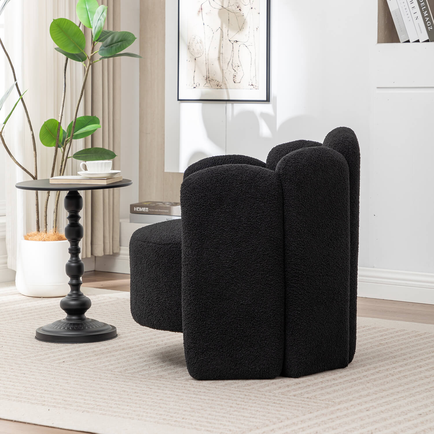 SEYNAR Modern Glam Faux Sherpa Upholstered Round Accent Chair with Flower Shaped Back Design(Single/Set of 2)