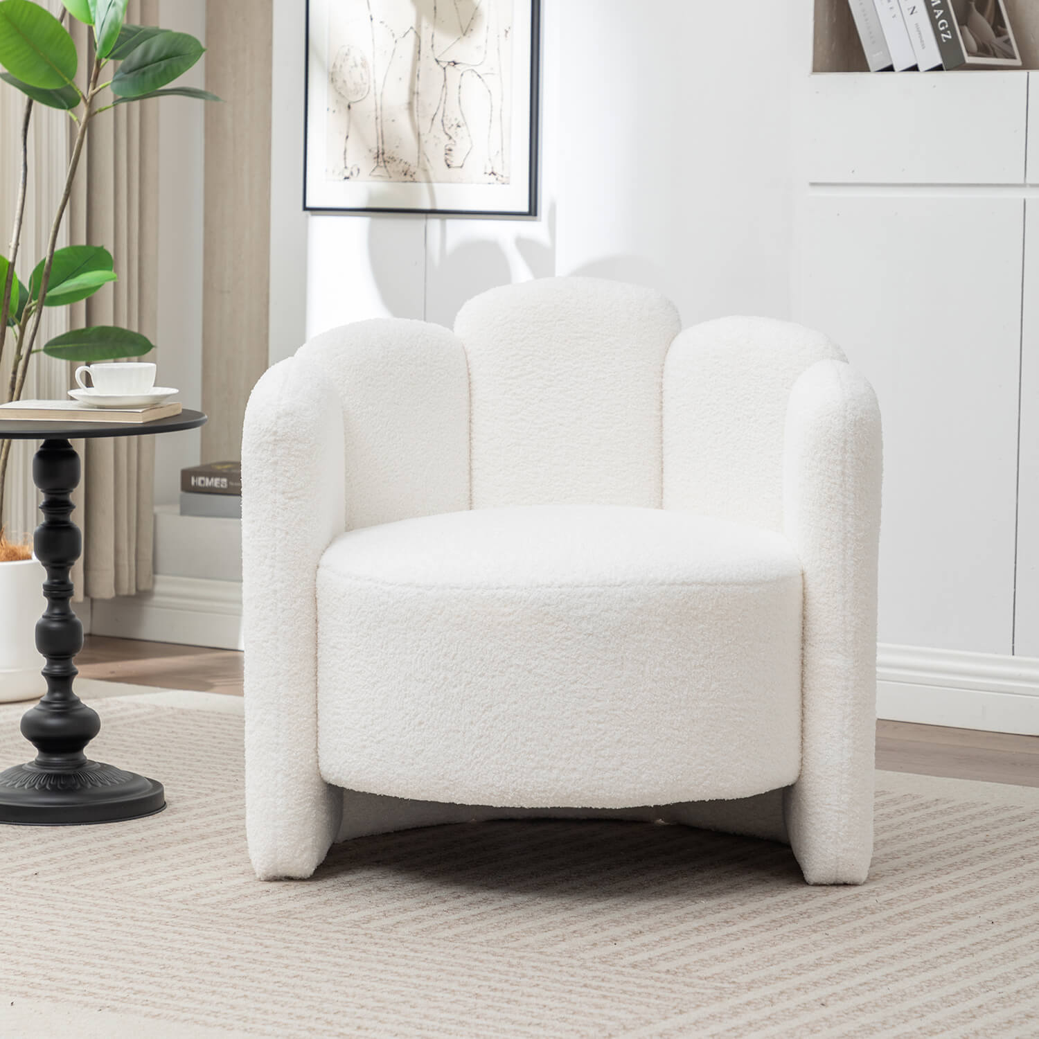 SEYNAR Modern Glam Faux Sherpa Upholstered Round Accent Chair with Flower Shaped Back Design(Single/Set of 2)