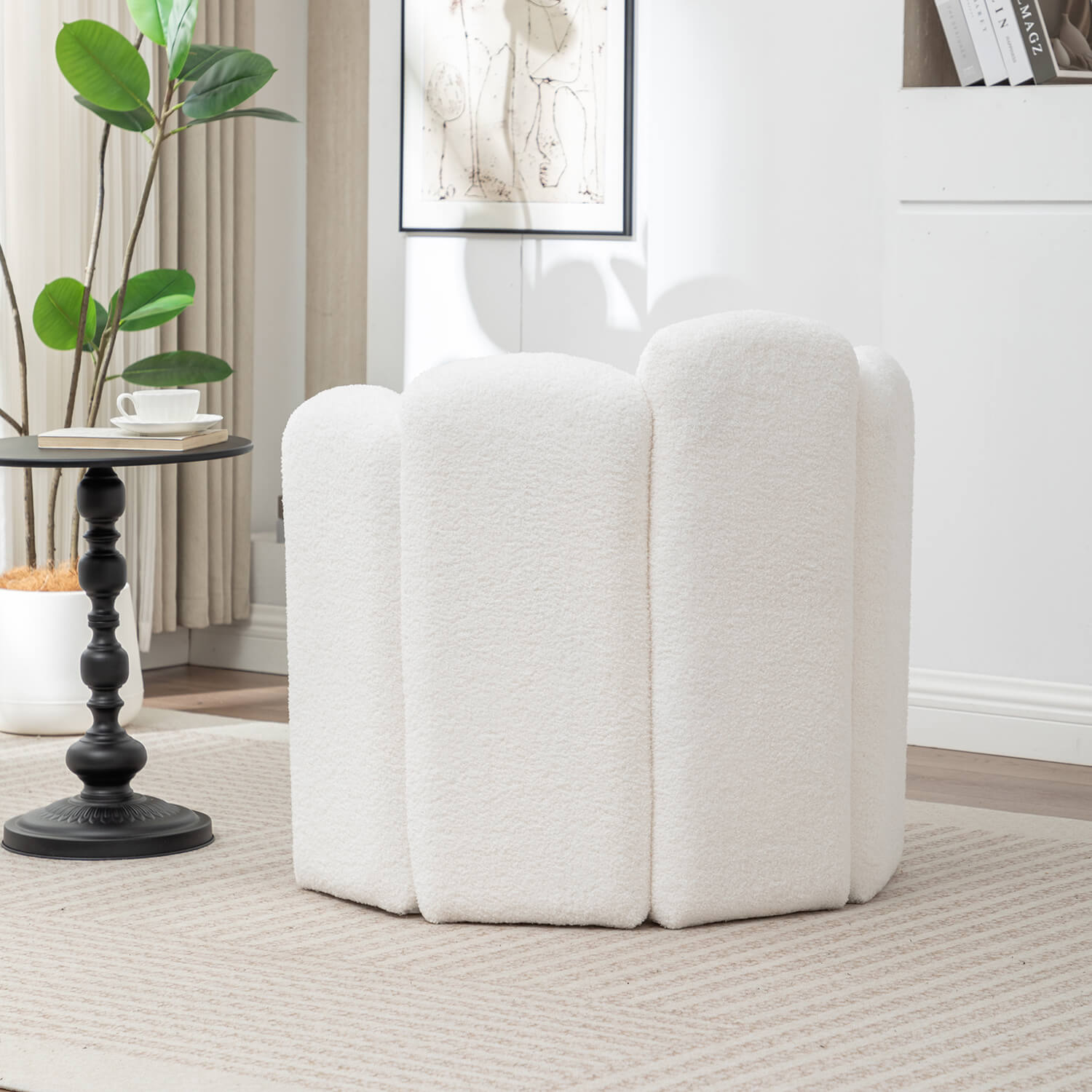 SEYNAR Modern Glam Faux Sherpa Upholstered Round Accent Chair with Flower Shaped Back Design(Single/Set of 2)