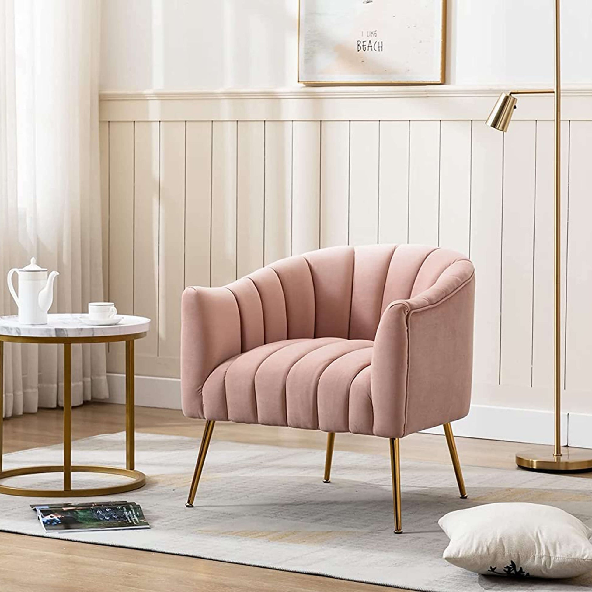 SEYNAR Modern Velvet Accent Chair,Round Upholstered Barrel Chair for Living Room