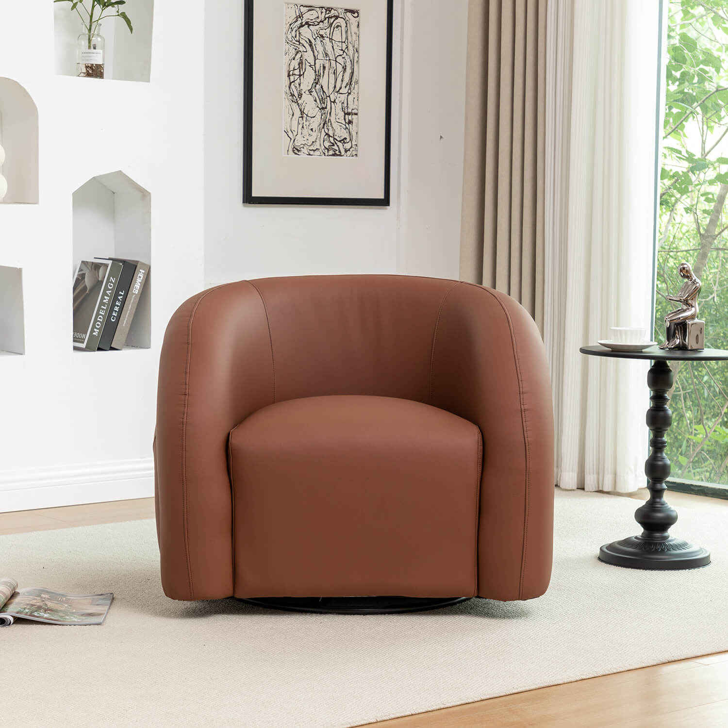 SEYNAR Modern Glam PU Leather 360 Degree Swivel Accent Armchair with Metal Base