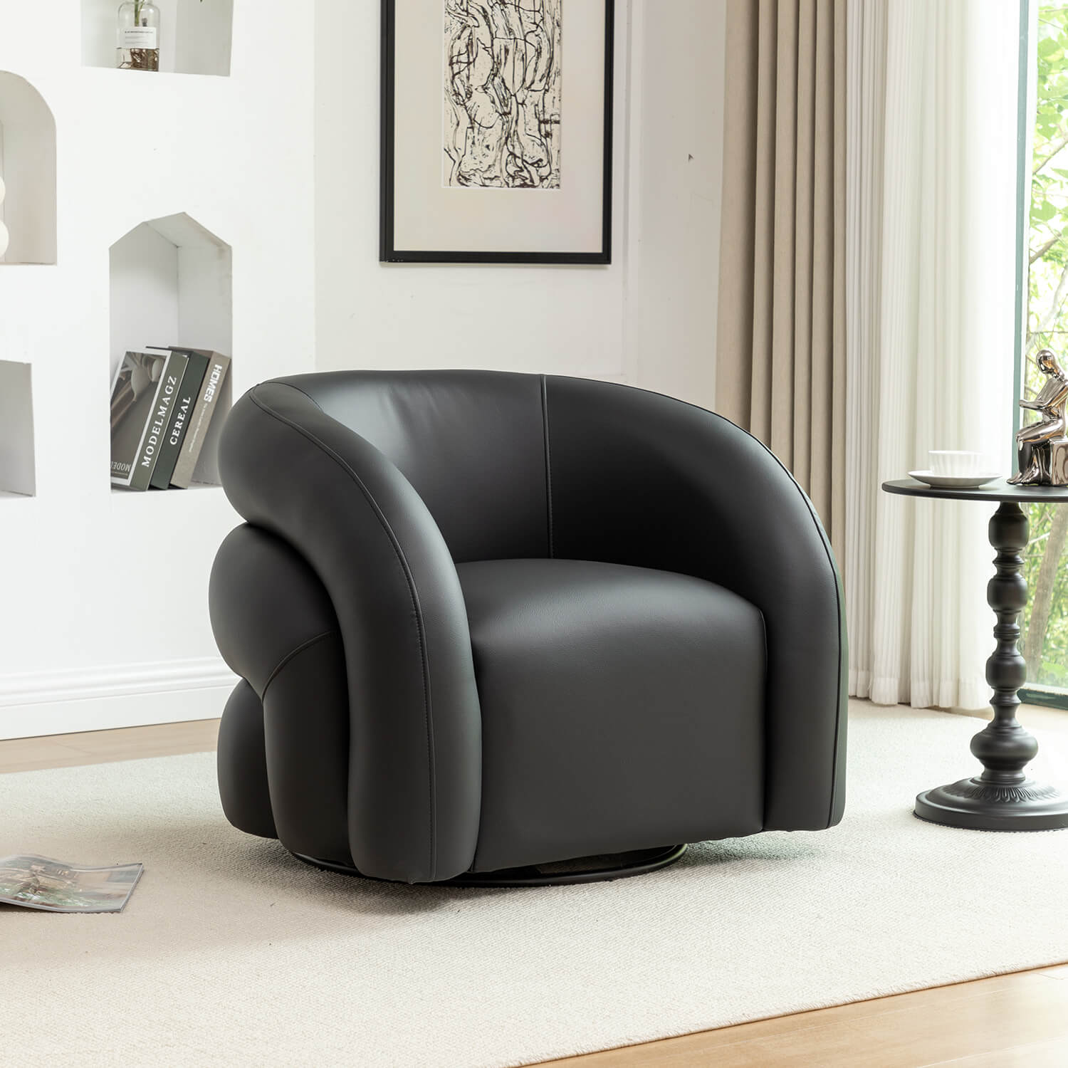 SEYNAR Modern Glam PU Leather 360 Degree Swivel Accent Armchair with Metal Base