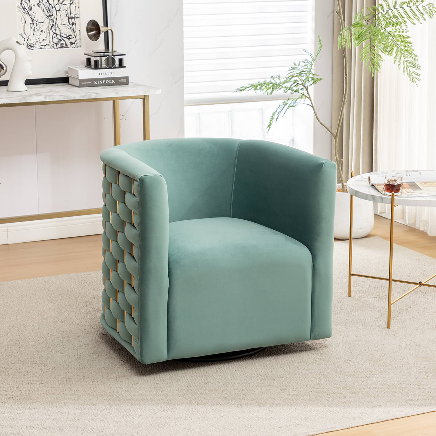 SEYNAR Modern Glam Velvet Upholstered 360 Degree Swivel Barrel Chair