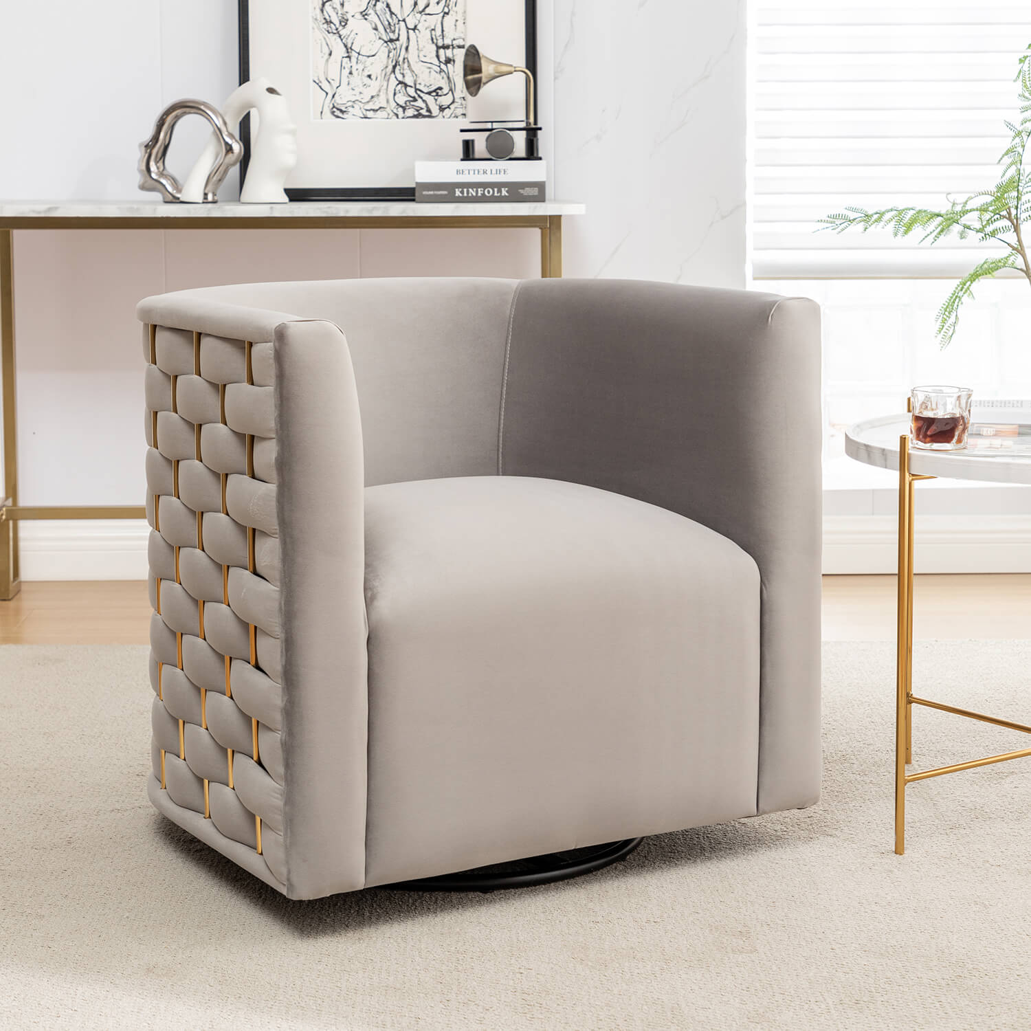SEYNAR Modern Glam Velvet Upholstered 360 Degree Swivel Barrel Chair