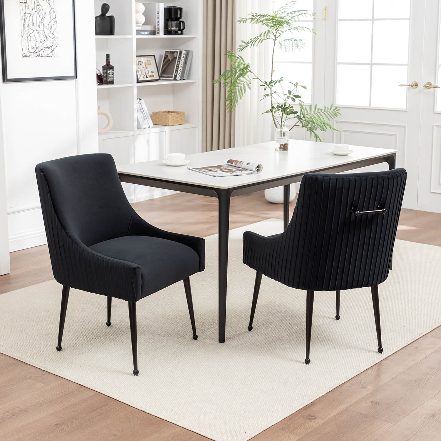 SEYNAR Modern Glam Velvet Black Metal Legs Dining Chair or Vanity Chair Set of 2/4/6 with Rear Handle