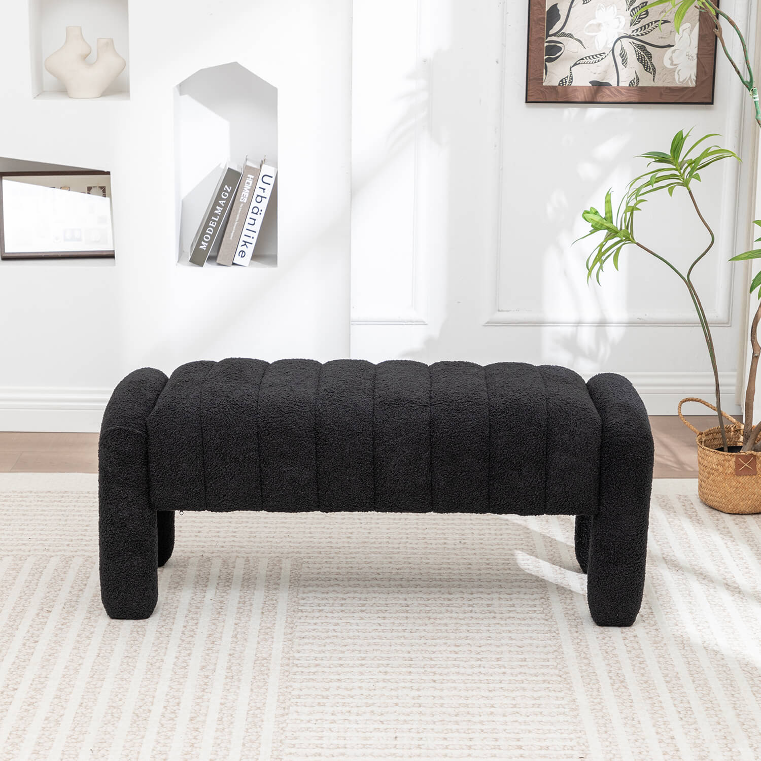 SEYNAR Modern Glam Teddy Velvet Fabric Rectangle Ottoman