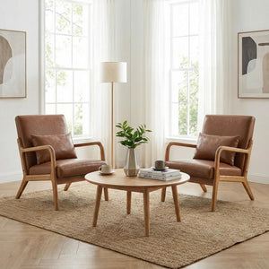 SEYNAR Mid-Century PU Leather Accent Chair with Lumbar Pillow(Single/Set of 2)