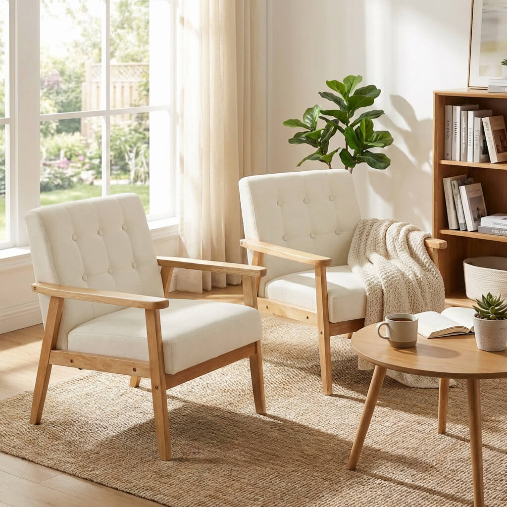 SEYNAR Mid-Century Linen Button-Tufted Accent Chair with Solid Wood Frame(Single/Set of 2)