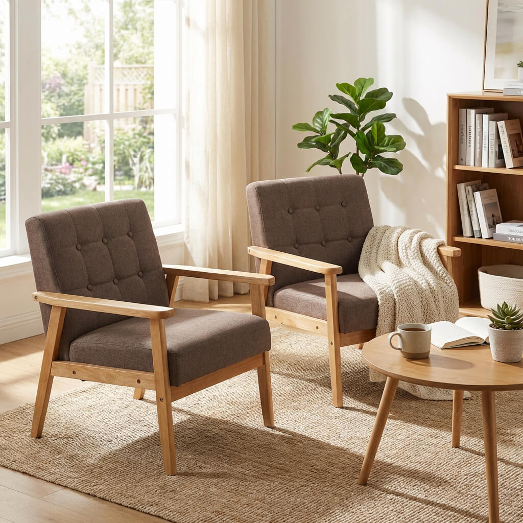 SEYNAR Mid-Century Linen Button-Tufted Accent Chair with Solid Wood Frame(Single/Set of 2)