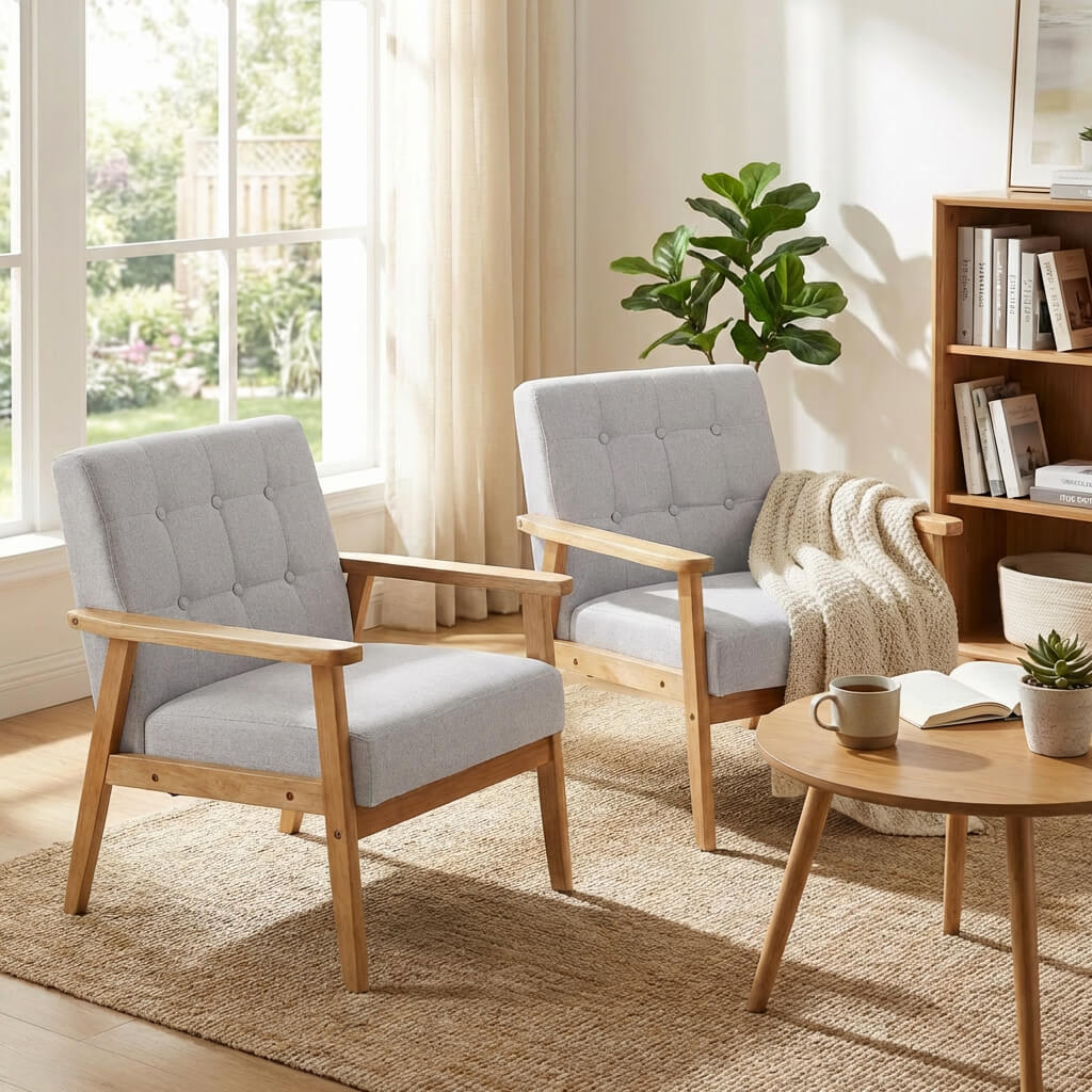 SEYNAR Mid-Century Linen Button-Tufted Accent Chair with Solid Wood Frame(Single/Set of 2)